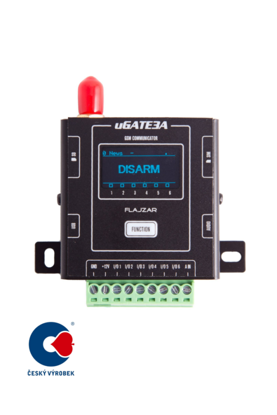 uGATE3A100 - GSM komunikátor  s kovovou krabičkou a OLED displejem - pro 100 čísel